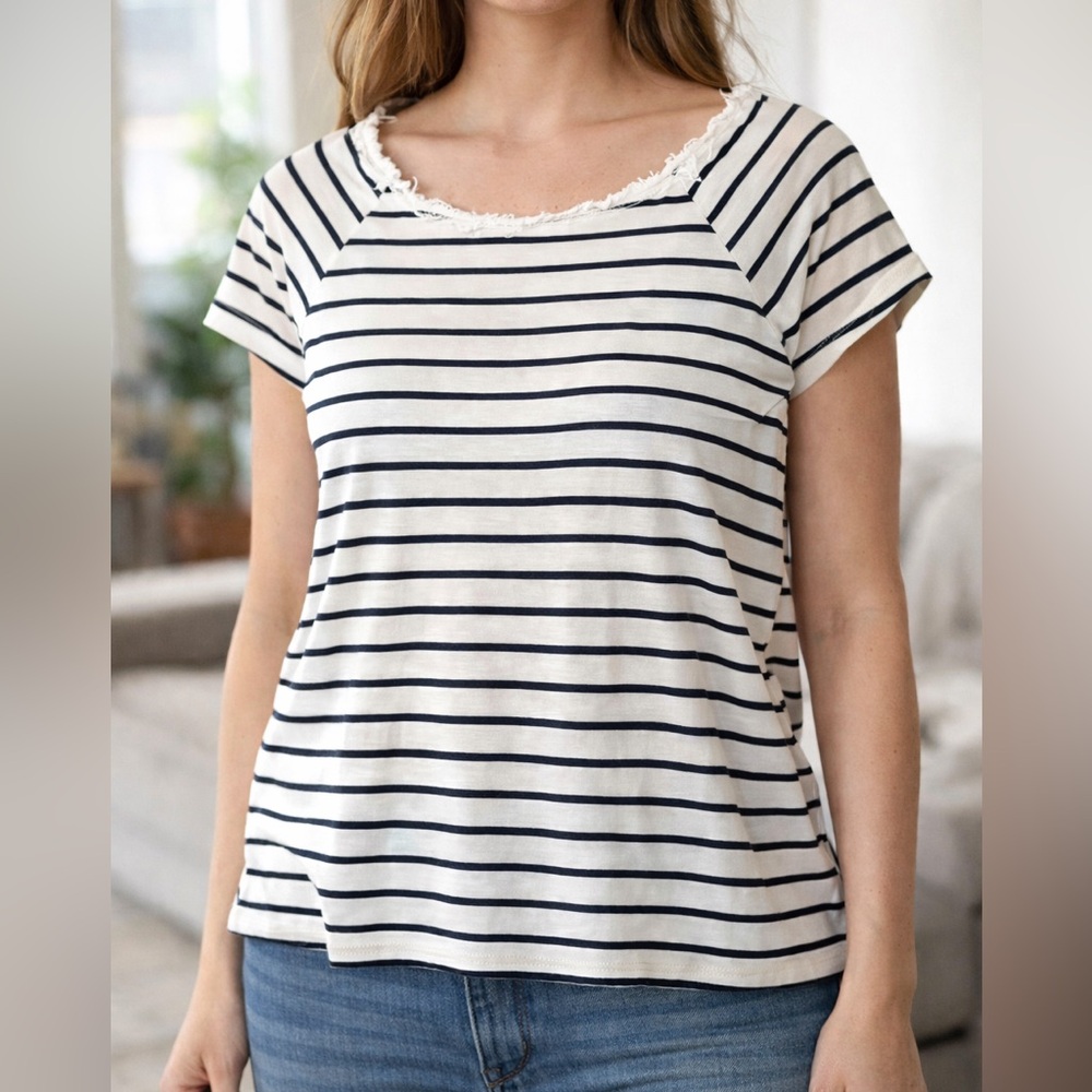 Bordeaux Raw Hem Stripe Shortsleeved Top